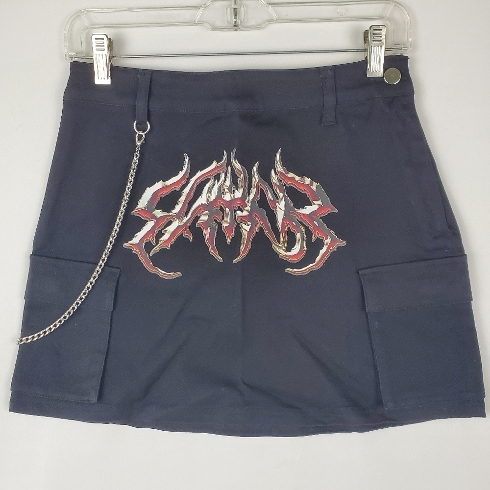 SWIXXZ Rustic Metal Black Cargo Skirt Graphic Print Chain Button Choose Size